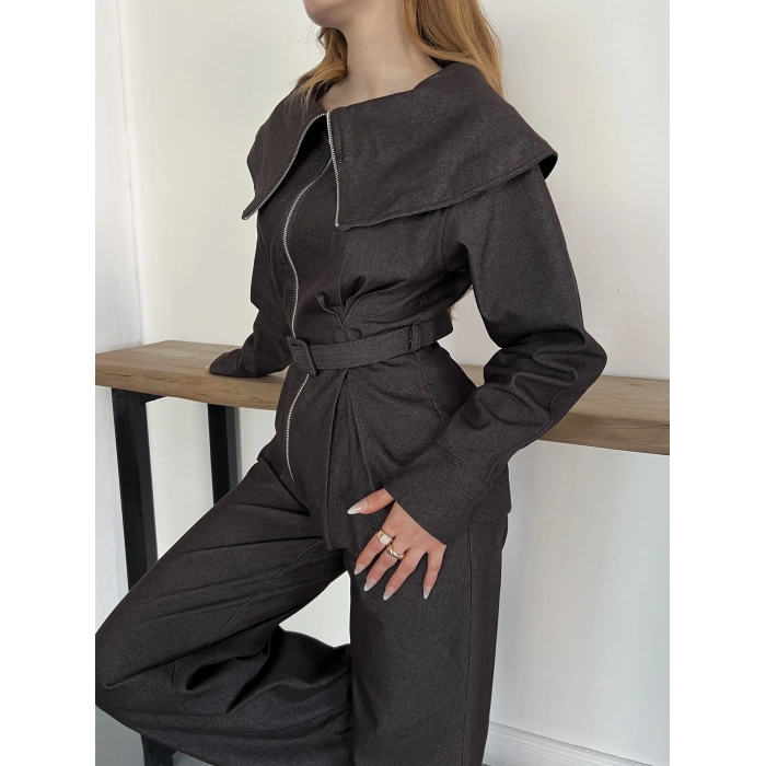 Yaka Detaylı Fermuarlı Tasarım Denim Takım Acı Kahve