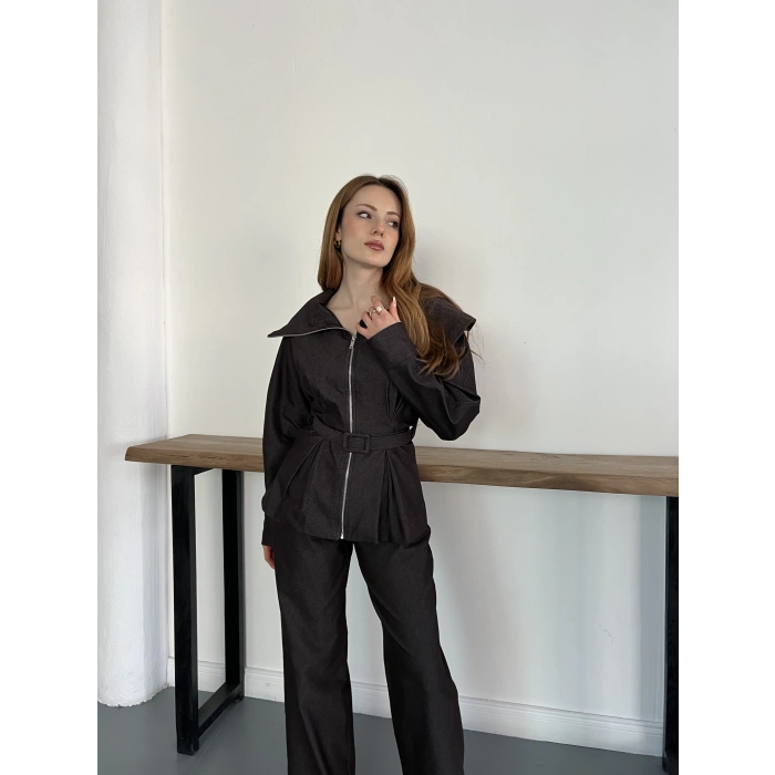 Yaka Detaylı Fermuarlı Tasarım Denim Takım Acı Kahve