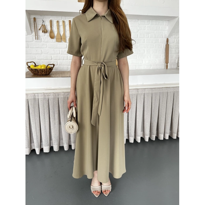 Ön Fermuar Detaylı Bel Kuşaklı Modal Kumaş Elbise Yeşil