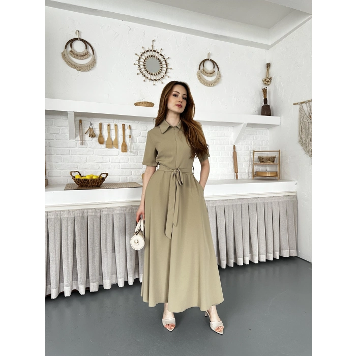 Ön Fermuar Detaylı Bel Kuşaklı Modal Kumaş Elbise Yeşil