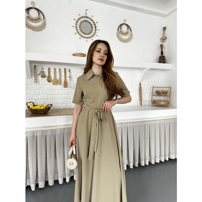 Ön Fermuar Detaylı Bel Kuşaklı Modal Kumaş Elbise Yeşil