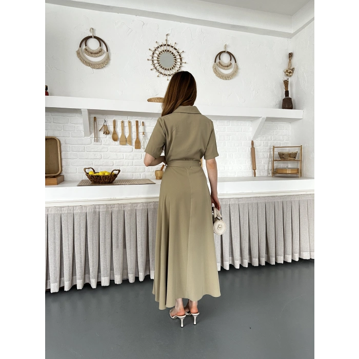 Ön Fermuar Detaylı Bel Kuşaklı Modal Kumaş Elbise Yeşil