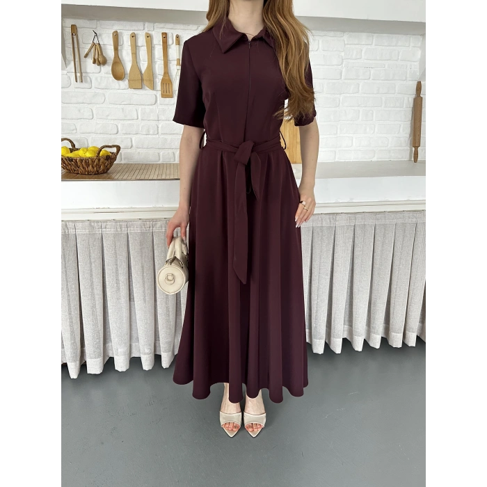 Ön Fermuar Detaylı Bel Kuşaklı Modal Kumaş Elbise Bordo