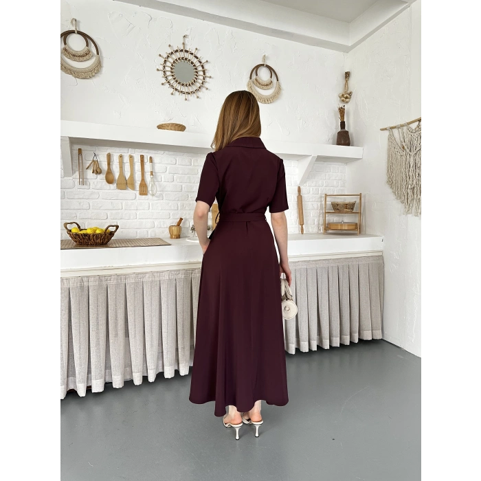 Ön Fermuar Detaylı Bel Kuşaklı Modal Kumaş Elbise Bordo