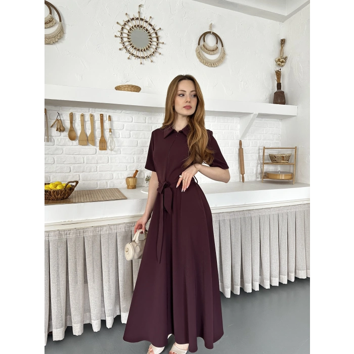 Ön Fermuar Detaylı Bel Kuşaklı Modal Kumaş Elbise Bordo