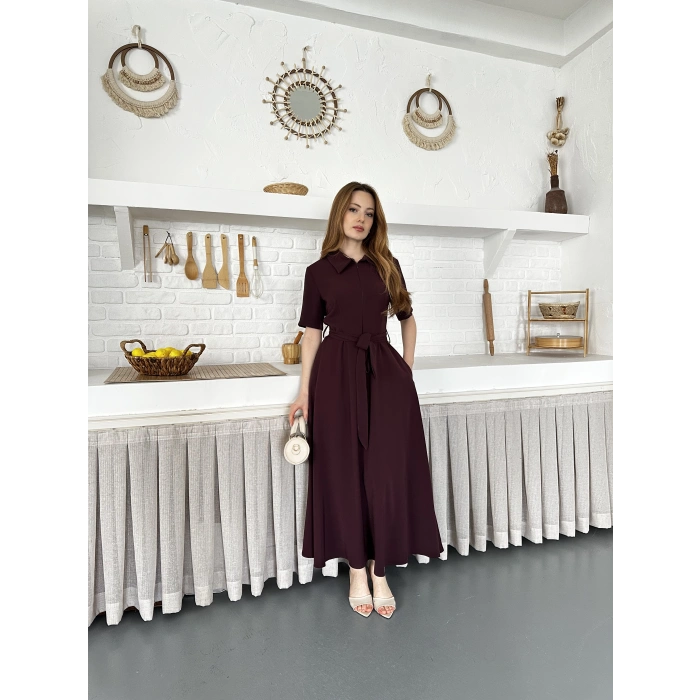 Ön Fermuar Detaylı Bel Kuşaklı Modal Kumaş Elbise Bordo
