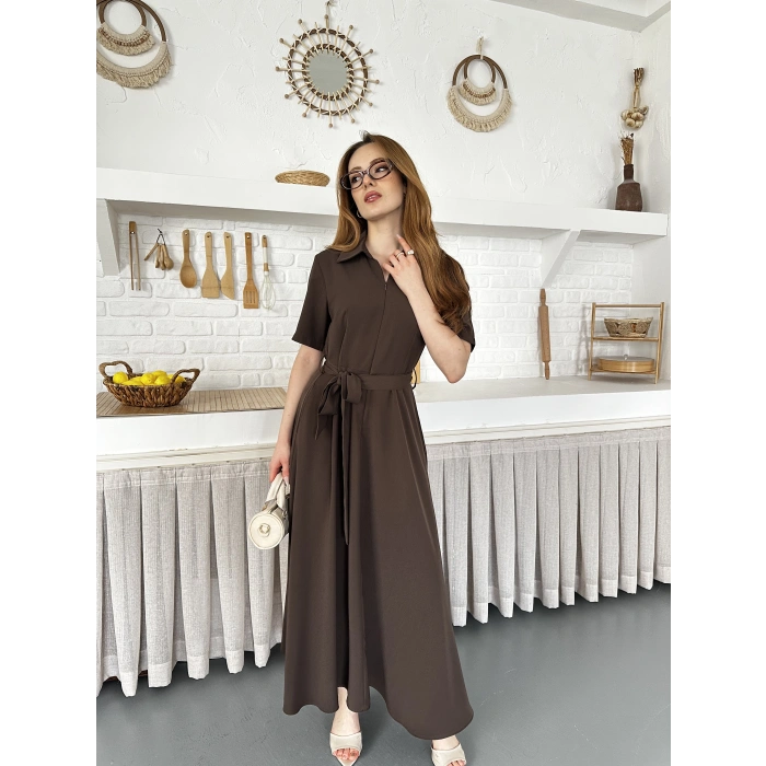 Ön Fermuar Detaylı Bel Kuşaklı Modal Kumaş Elbise Kahve