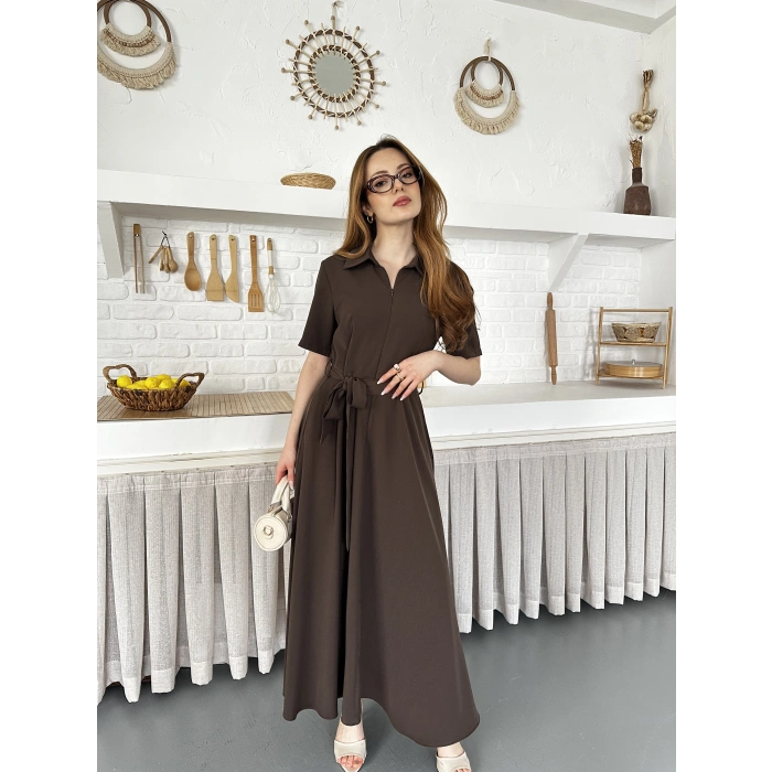 Ön Fermuar Detaylı Bel Kuşaklı Modal Kumaş Elbise Kahve