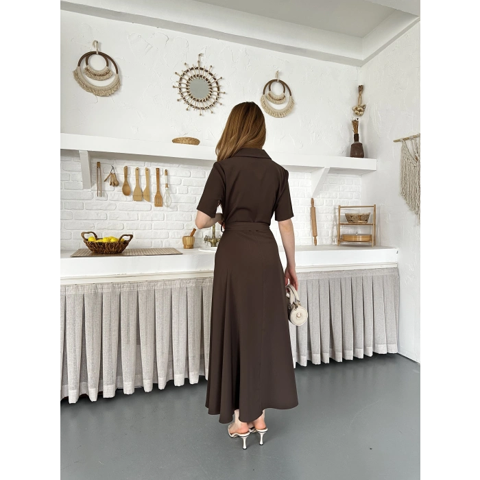 Ön Fermuar Detaylı Bel Kuşaklı Modal Kumaş Elbise Kahve