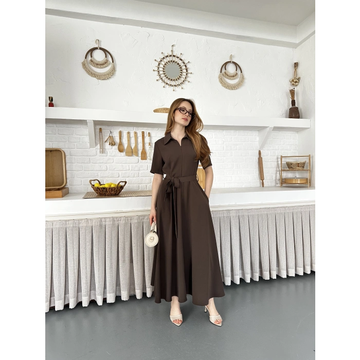 Ön Fermuar Detaylı Bel Kuşaklı Modal Kumaş Elbise Kahve