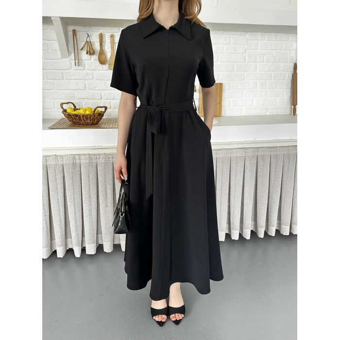 Ön Fermuar Detaylı Bel Kuşaklı Modal Kumaş Elbise Siyah