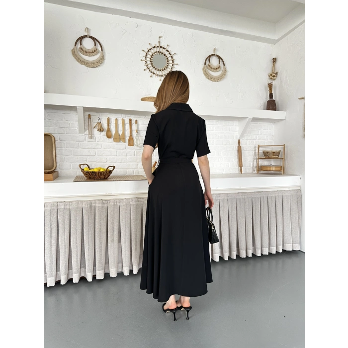 Ön Fermuar Detaylı Bel Kuşaklı Modal Kumaş Elbise Siyah