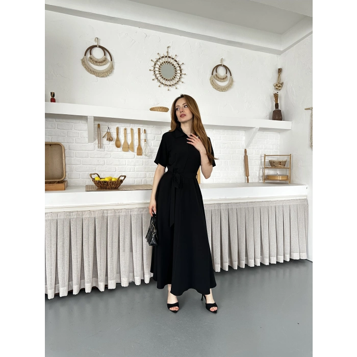 Ön Fermuar Detaylı Bel Kuşaklı Modal Kumaş Elbise Siyah