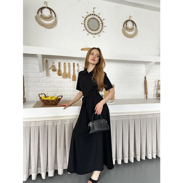 Ön Fermuar Detaylı Bel Kuşaklı Modal Kumaş Elbise Siyah