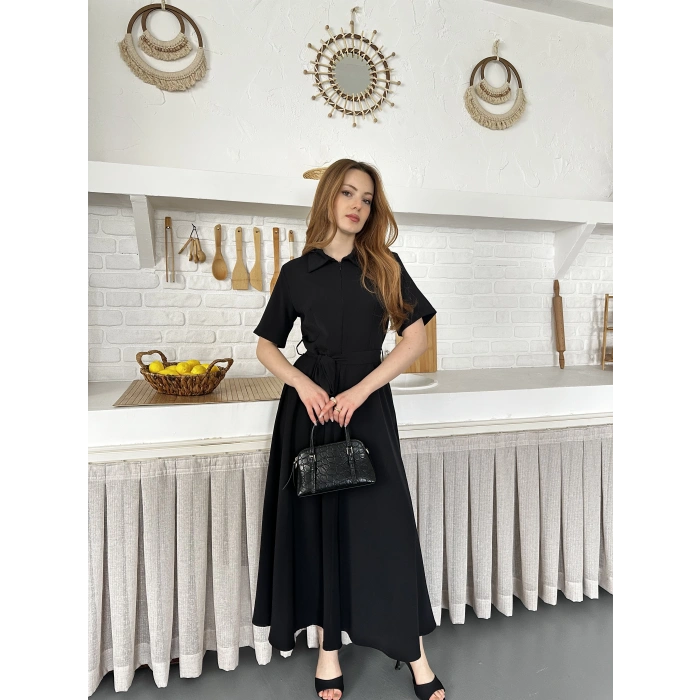 Ön Fermuar Detaylı Bel Kuşaklı Modal Kumaş Elbise Siyah