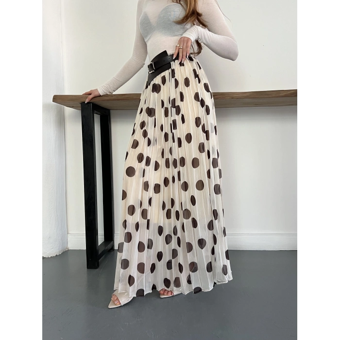 Puantiyeli Kemer Detaylı Astarlı Etek Bej