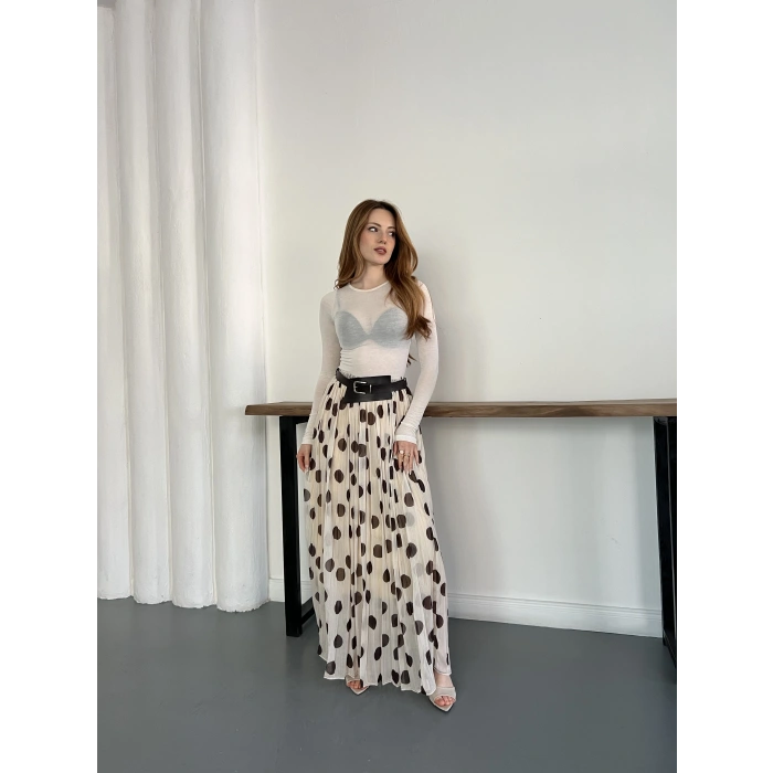 Puantiyeli Kemer Detaylı Astarlı Etek Bej