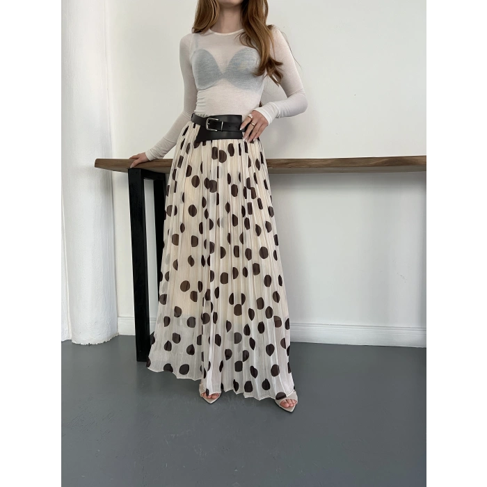 Puantiyeli Kemer Detaylı Astarlı Etek Bej