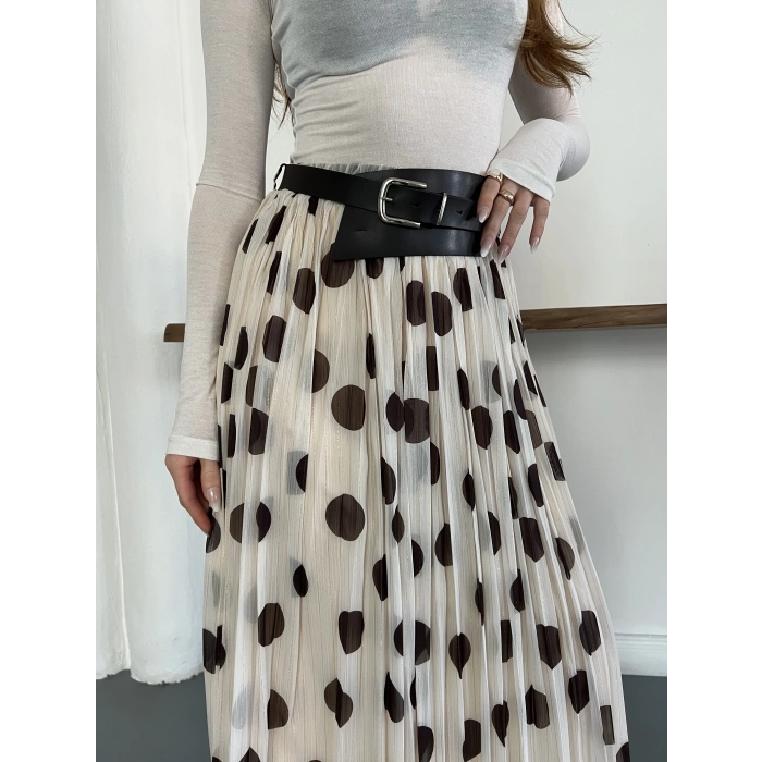 Puantiyeli Kemer Detaylı Astarlı Etek Bej
