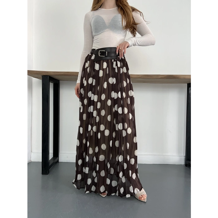 Puantiyeli Kemer Detaylı Astarlı Etek Kahve