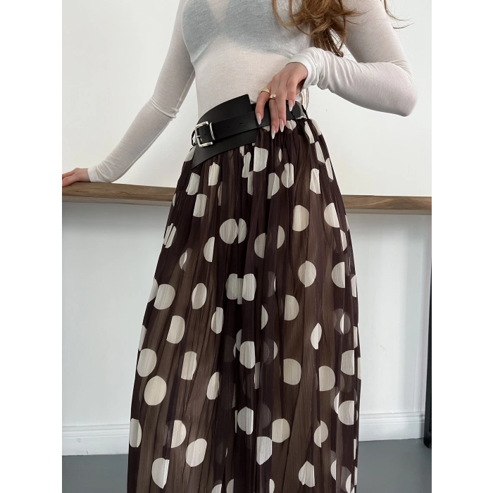 Puantiyeli Kemer Detaylı Astarlı Etek Kahve