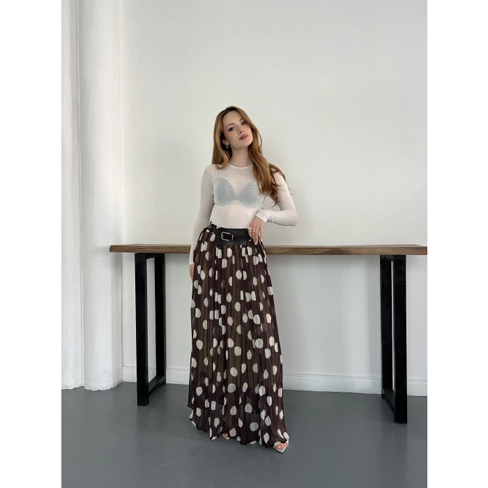 Puantiyeli Kemer Detaylı Astarlı Etek Kahve