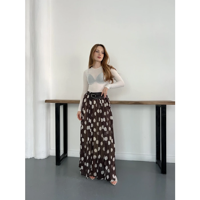 Puantiyeli Kemer Detaylı Astarlı Etek Kahve
