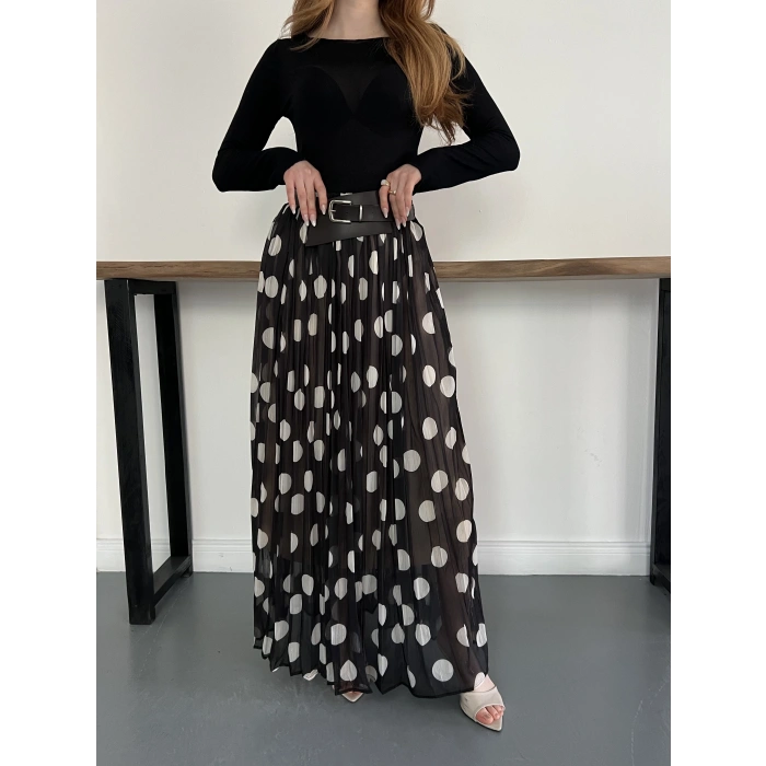 Puantiyeli Kemer Detaylı Astarlı Etek Siyah