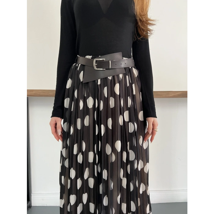 Puantiyeli Kemer Detaylı Astarlı Etek Siyah