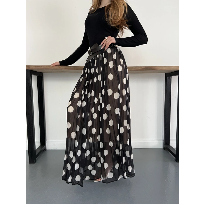 Puantiyeli Kemer Detaylı Astarlı Etek Siyah