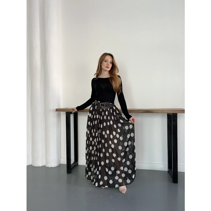 Puantiyeli Kemer Detaylı Astarlı Etek Siyah