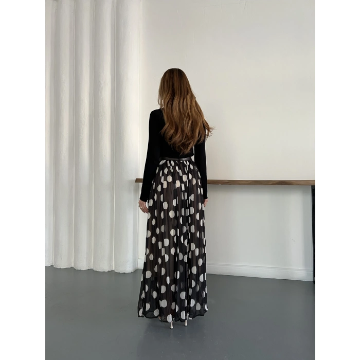 Puantiyeli Kemer Detaylı Astarlı Etek Siyah