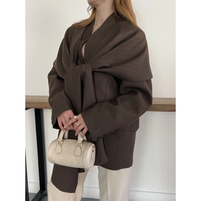 Çizgi Desen Önden Bağlamalı Tasarım Ceket Kahve