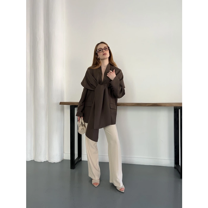 Çizgi Desen Önden Bağlamalı Tasarım Ceket Kahve