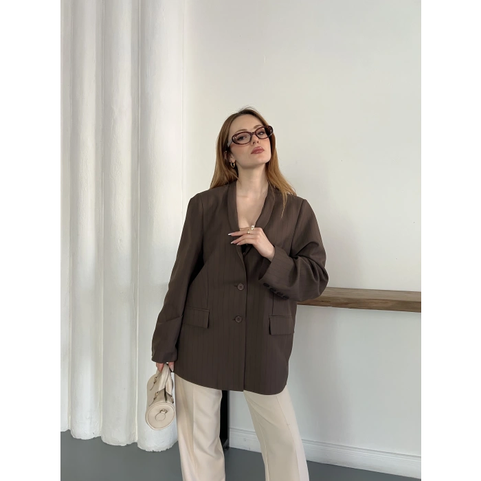 Çizgi Desen Önden Bağlamalı Tasarım Ceket Kahve