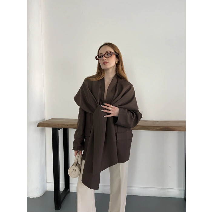 Çizgi Desen Önden Bağlamalı Tasarım Ceket Kahve