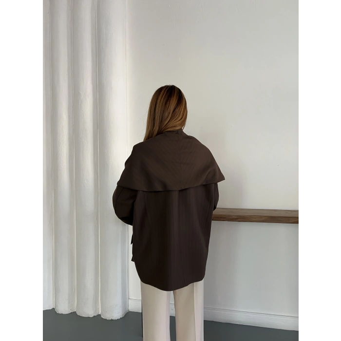 Çizgi Desen Önden Bağlamalı Tasarım Ceket Kahve