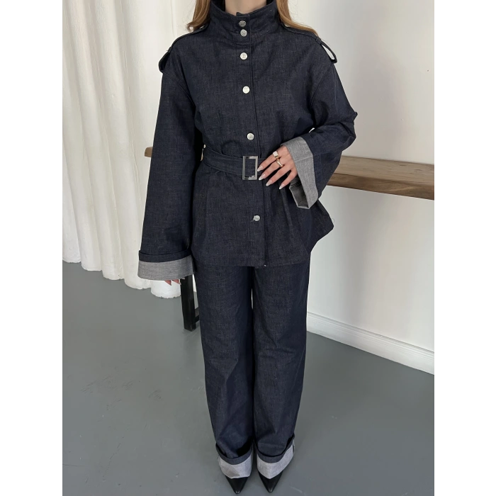 Kemerli Düğme Detaylı Yüksek Yaka Denim Takım Lacivert