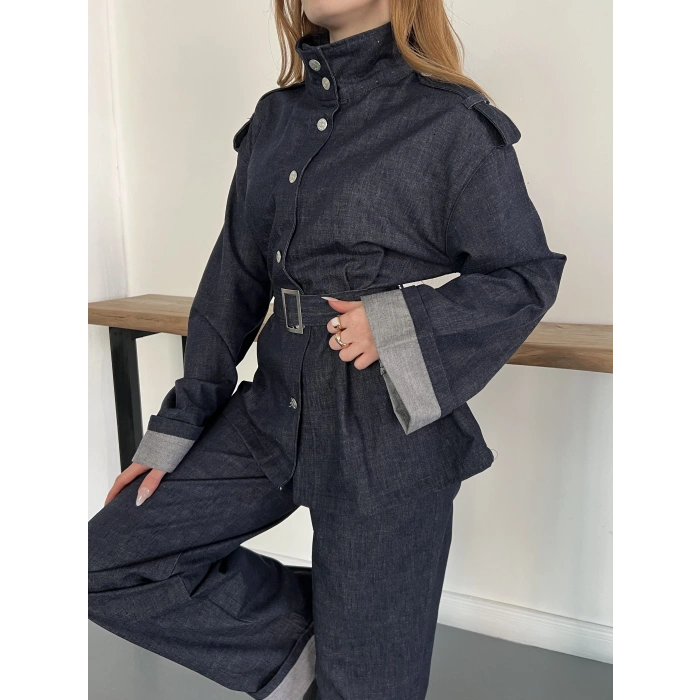 Kemerli Düğme Detaylı Yüksek Yaka Denim Takım Lacivert
