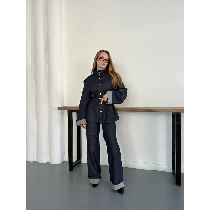 Kemerli Düğme Detaylı Yüksek Yaka Denim Takım Lacivert