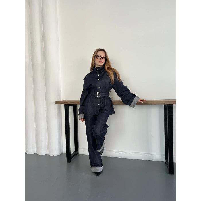 Kemerli Düğme Detaylı Yüksek Yaka Denim Takım Lacivert