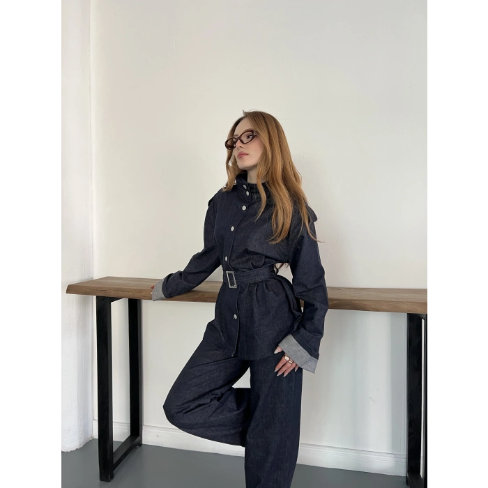 Kemerli Düğme Detaylı Yüksek Yaka Denim Takım Lacivert