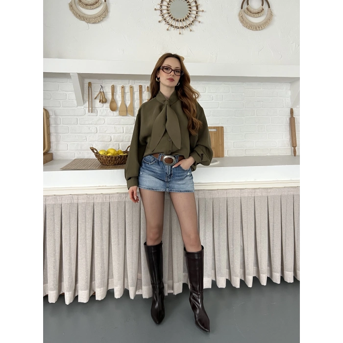 Fular Yaka Detaylı Oversize Gömlek Yeşil