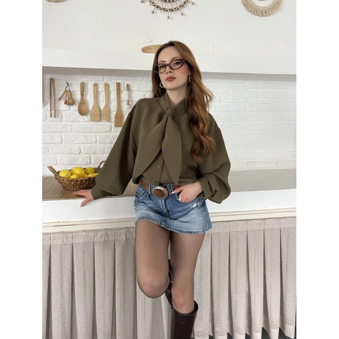 Fular Yaka Detaylı Oversize Gömlek Yeşil
