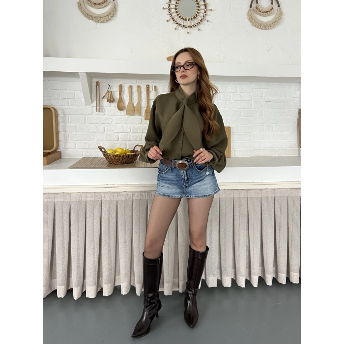 Fular Yaka Detaylı Oversize Gömlek Yeşil