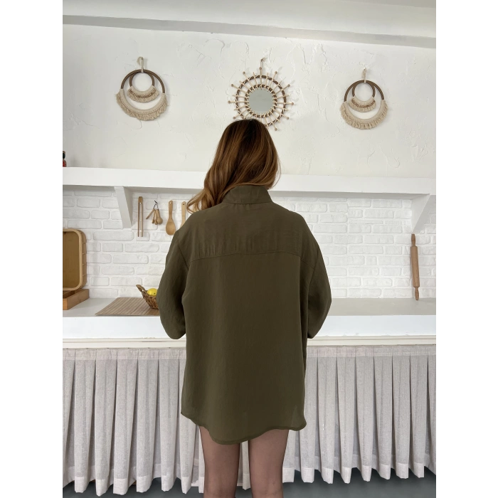 Fular Yaka Detaylı Oversize Gömlek Yeşil