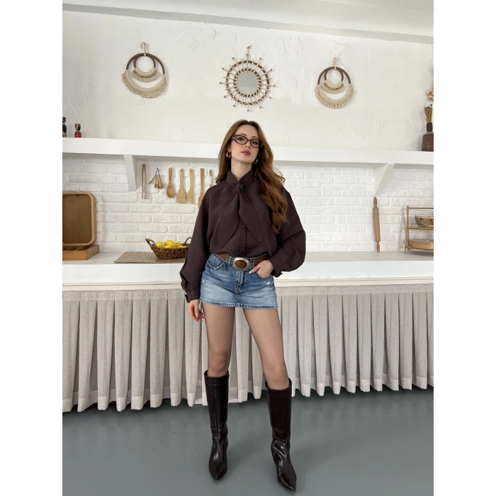 Fular Yaka Detaylı Oversize Gömlek Kahve