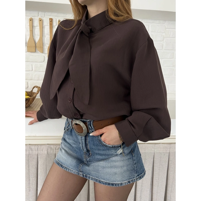 Fular Yaka Detaylı Oversize Gömlek Kahve