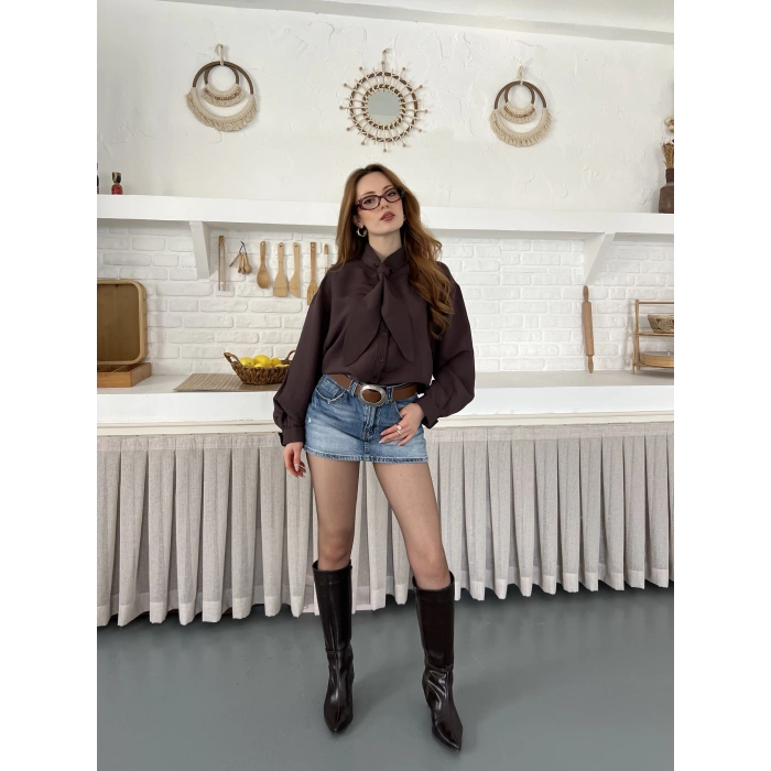 Fular Yaka Detaylı Oversize Gömlek Kahve
