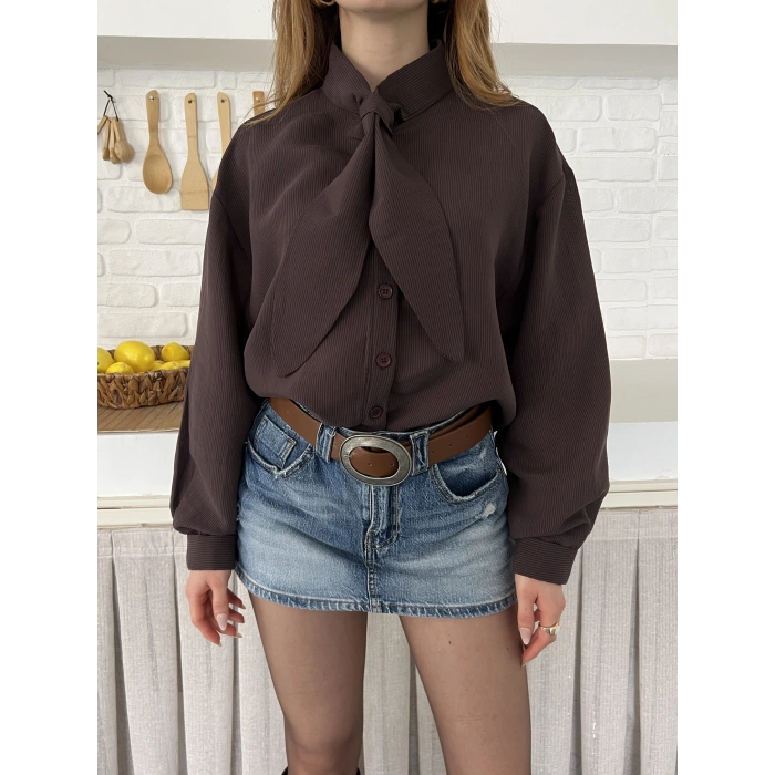 Fular Yaka Detaylı Oversize Gömlek Kahve